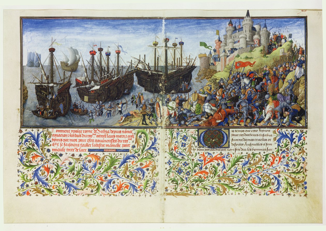 Ms 2617 Het kasteel van de Amazones wordt belegerd door Theseus, hertog van Athene, uit La Teseida, door Giovanni Boccaccio (1313-75) 1340-41 door French School