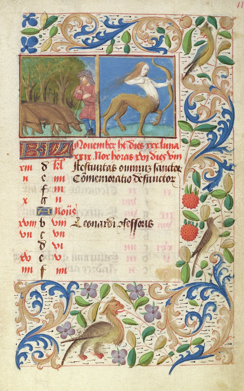 Kalender voor de maand november, uit de Heures de Notre Dame door French School