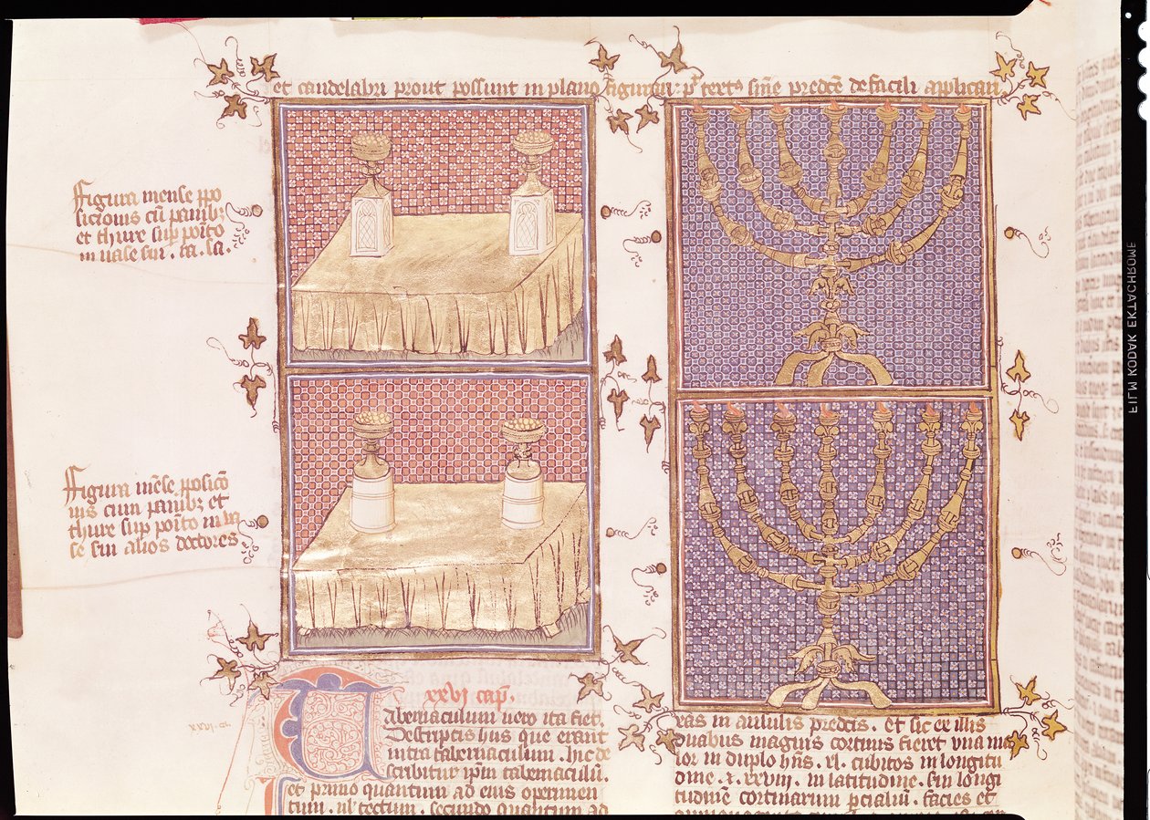 Ms 290 Tome 1 f.89v Tafel van offers en de menora, uit Postilles sur la Bible door Nicolas de Lyre door French School