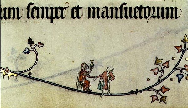De aap behandelt een man, uit het Metz Pontifical, geschreven voor Raymond Bar, Bisschop van Metz door French School