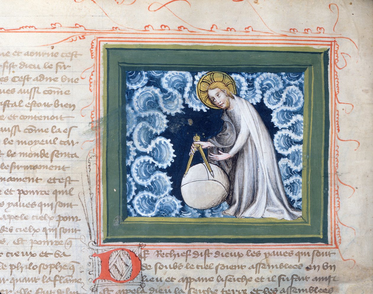 Ms 313 God die de wereld schept, miniatuur uit de Bijbel des Grands Augustins, 1494 door French School