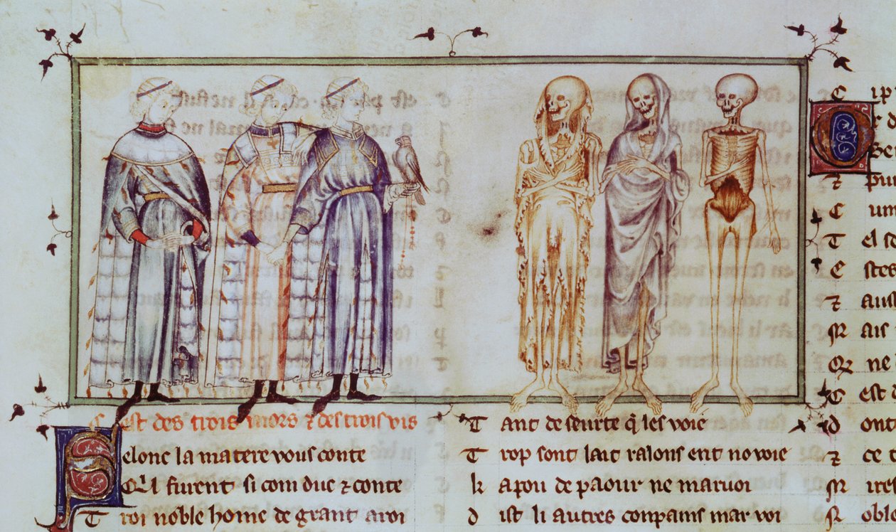 Ms 3142 fol.311r Het verhaal van de drie levende mannen en de drie dode mannen, uit Recueil de Poesies Francaises, ca.1280-90 door French School