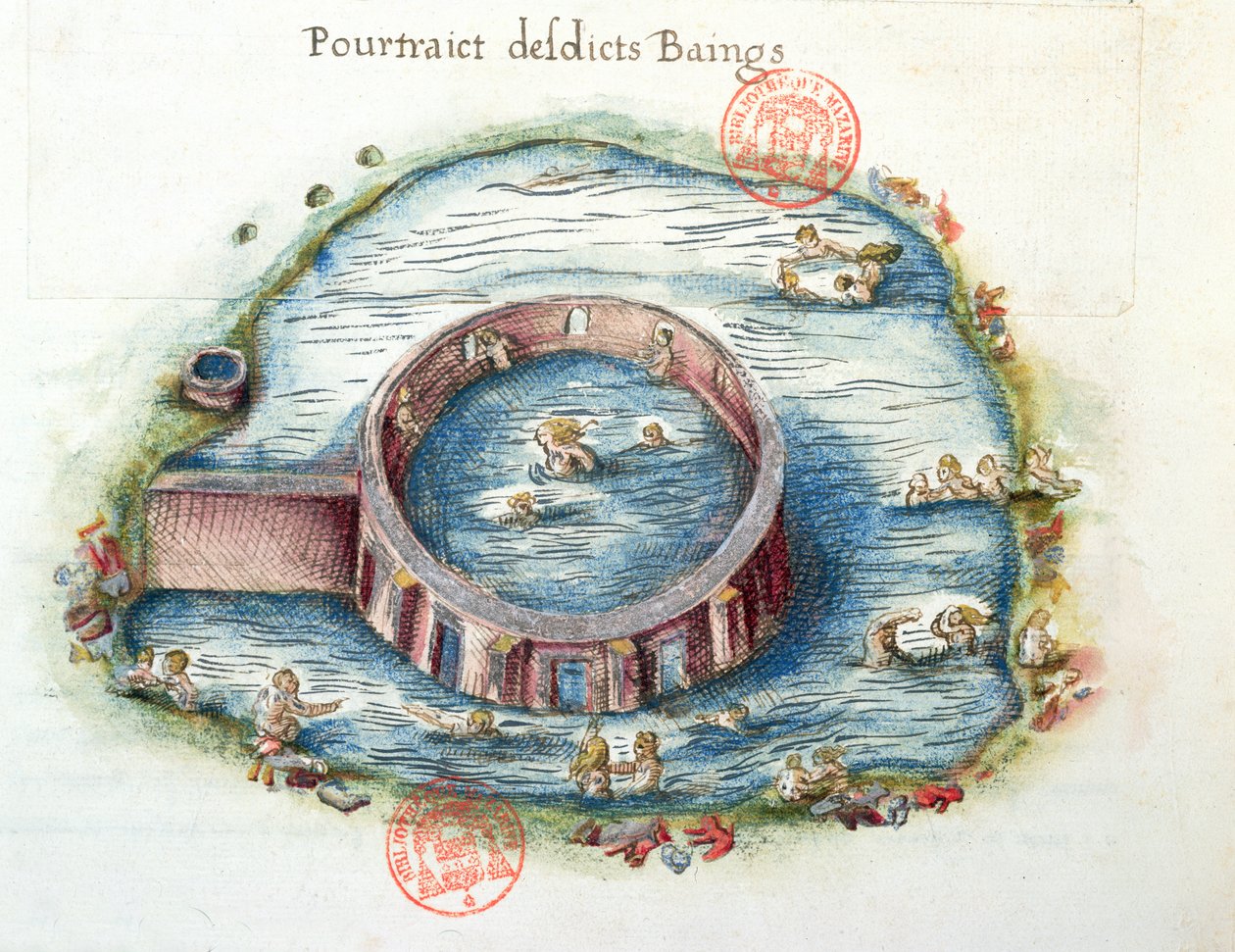 Ms 3242 De baden van Bourbon-Lancy, illustratie uit Generale Description du Bourbonnais door Nicolas de Nicolay, 1569 door French School
