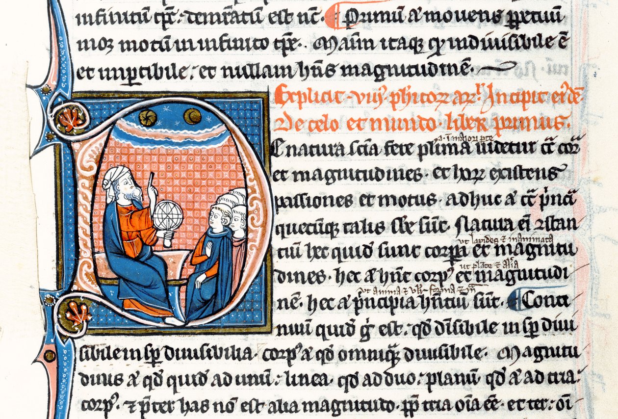 Ms 3458 fol 62vo Geïllustreerde initiaal D met Aristoteles die een armillarium vasthoudt en naar de hemel wijst terwijl hij een groep geestelijken uit West-Europa onderwijst door French School