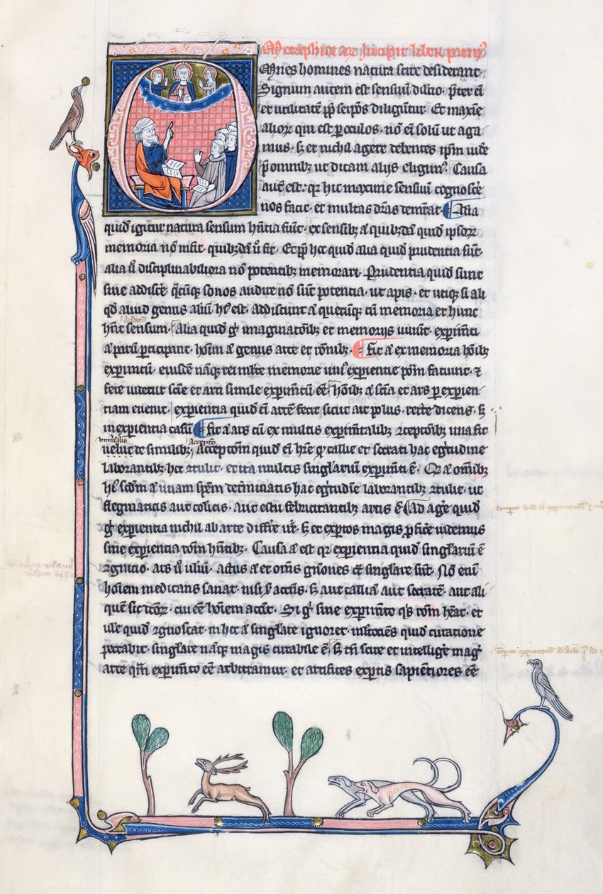 Ms 3458, gehistorieerde initiaal O die de oude Griekse filosoof Aristoteles afbeeldt, die een groep geestelijken uit West-Europa onderwijst en naar God in de hemel wijst door French School