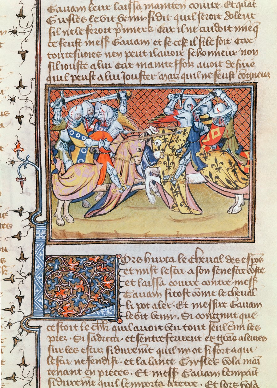 Ms 3479 t.1 fol.539 Wanneer de paarden botsen, uit het Livre de Messire Lancelot du Lac door French School