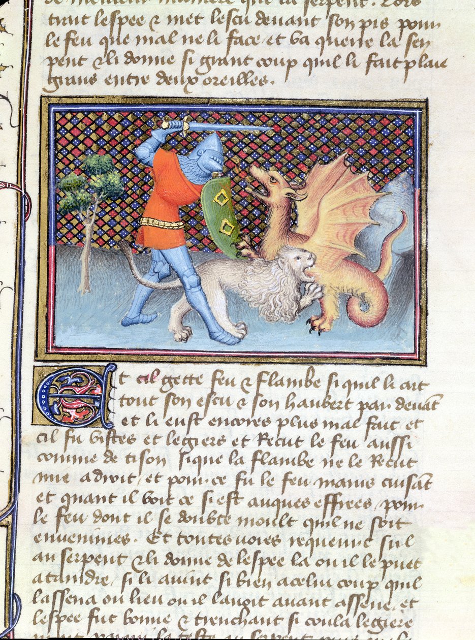 Ms 3480 Yvain, de ridder met de leeuw, vecht tegen een draak, miniatuur uit Roman de Lancelot door French School