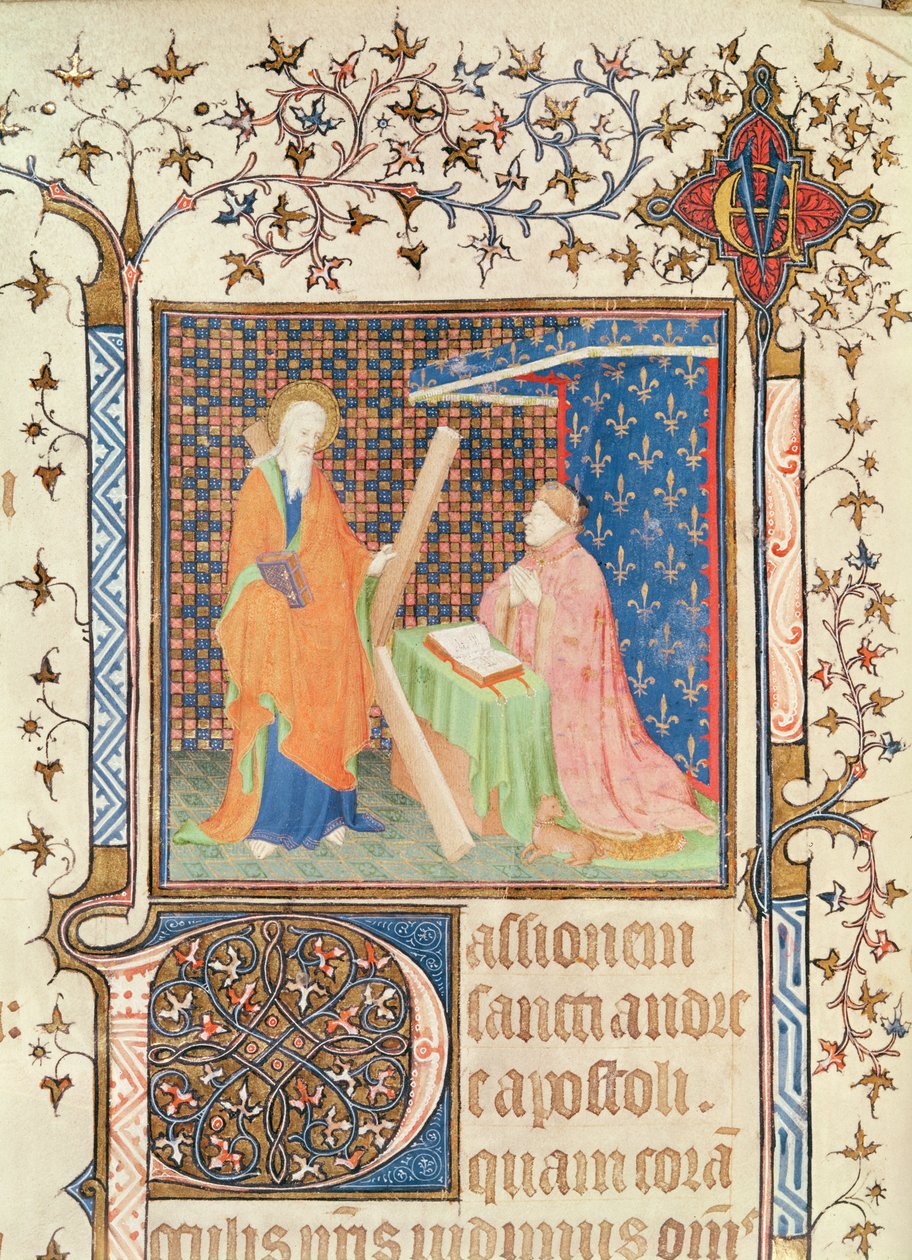Ms 35 fol.17v Jean de France (1340-1416) Hertog van Berry bidt voor St. Andreas, uit het Lectionarium van Sainte-Chapelle de Bourges, ca. 1404-10 door French School