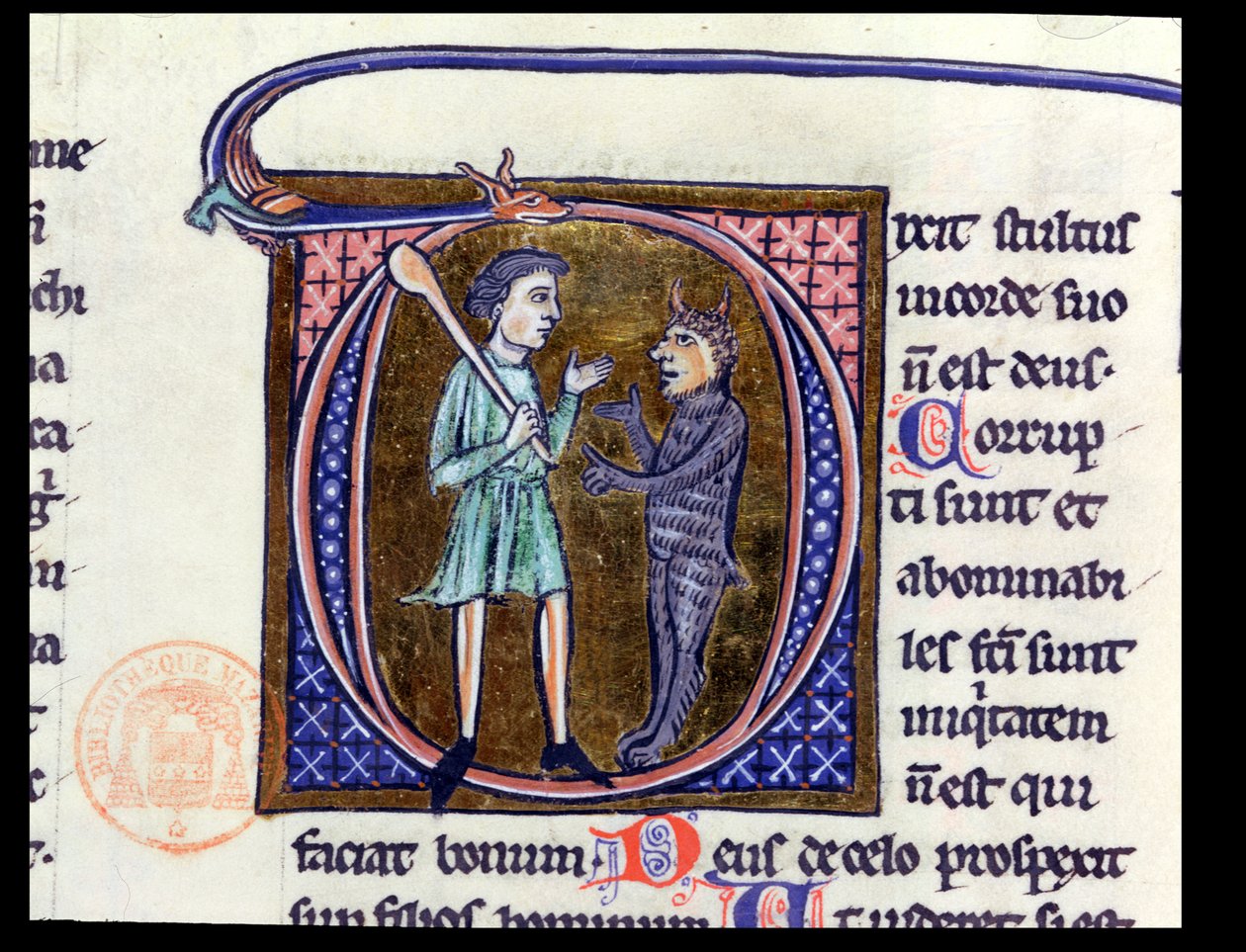 Historiated initiaal D die een man met de duivel afbeeldt, uit een Latijnse bijbel door French School