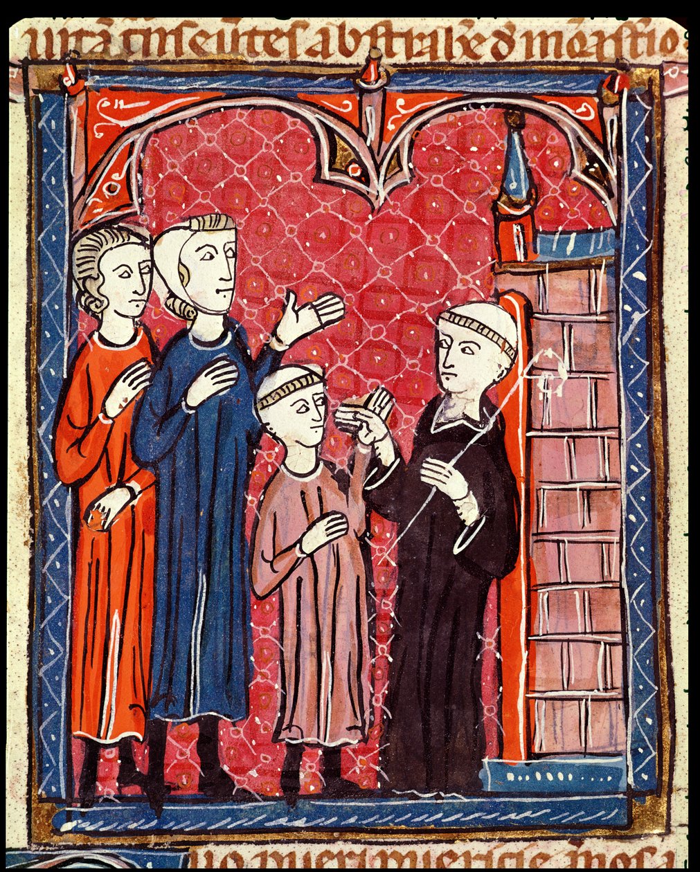 Ms 372 f.53r Een kind naar een klooster gebracht door zijn ouders, uit Decrets de Gratien door French School