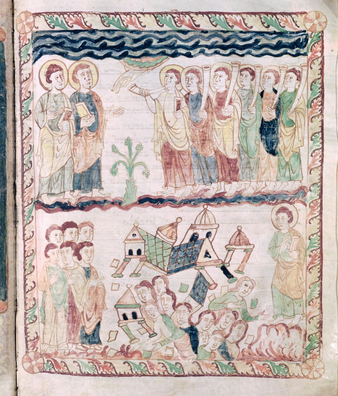 Ms 386 fol.25r Engelen met trompetten en de aarde die schudt, uit de Apocalyps van St. Johannes door French School