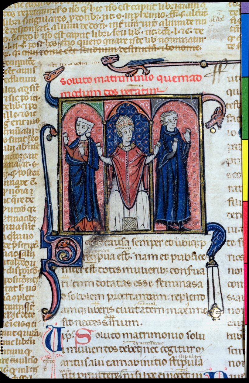 Ms 394, Illustratie uit Digeste die de ontbinding van een huwelijk door een bisschop toont door French School