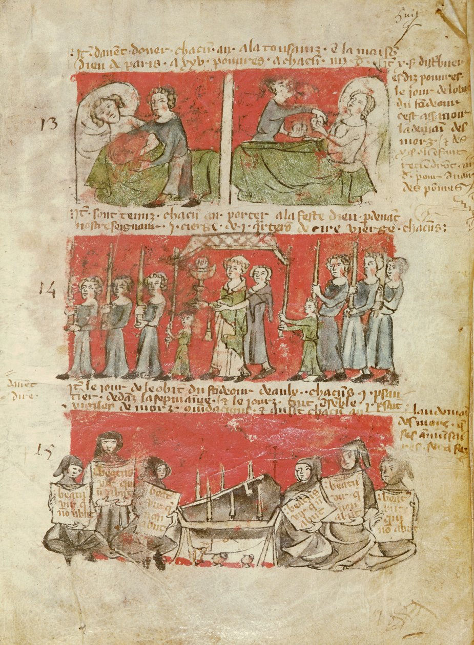 Scènes uit het leven van studenten van het College van Hubant of de Ave Maria, uit de statuten van het College van Hubant, Parijs, 1387 door French School