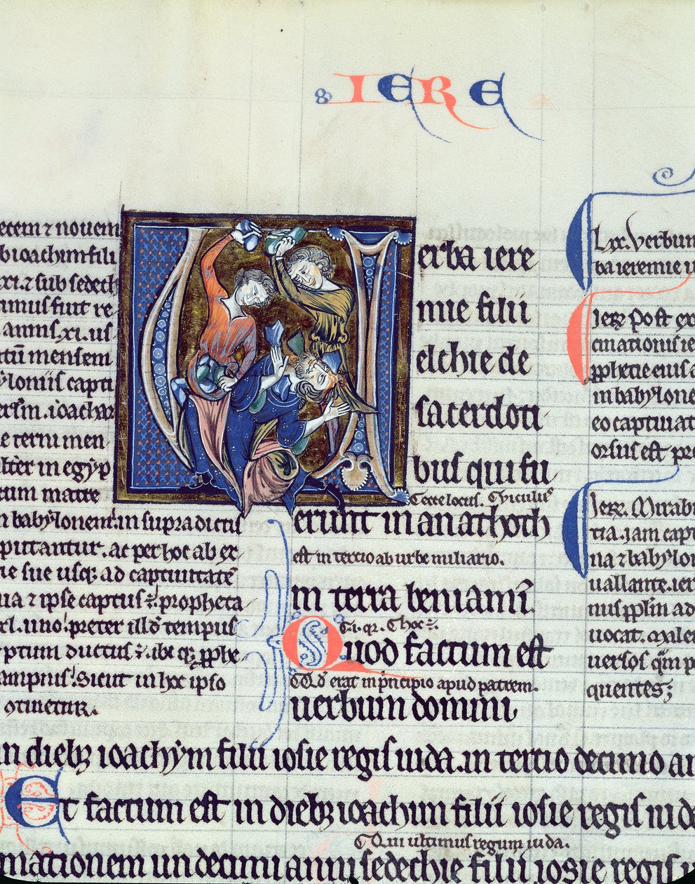 Ms 48 fol.95v Geïllustreerde initiaal V die de steniging van de profeet Jeremia afbeeldt door French School