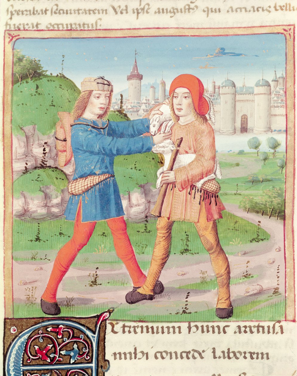 Een uitwisseling van geschenken, uit De Eclogues van Vergilius met een commentaar van Servius, 1469 door French School