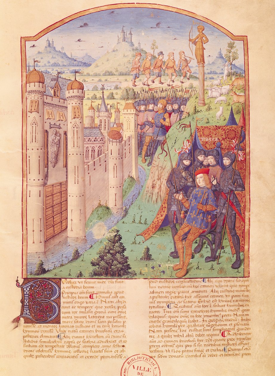 Ms 493 fol.1r De Werken van Vergilius met Commentaar van Servius, De Bucolica, Koning zittend op zijn troon omringd door zijn bewakers voor een versterkte stad, Frankrijk, 1469 door French School