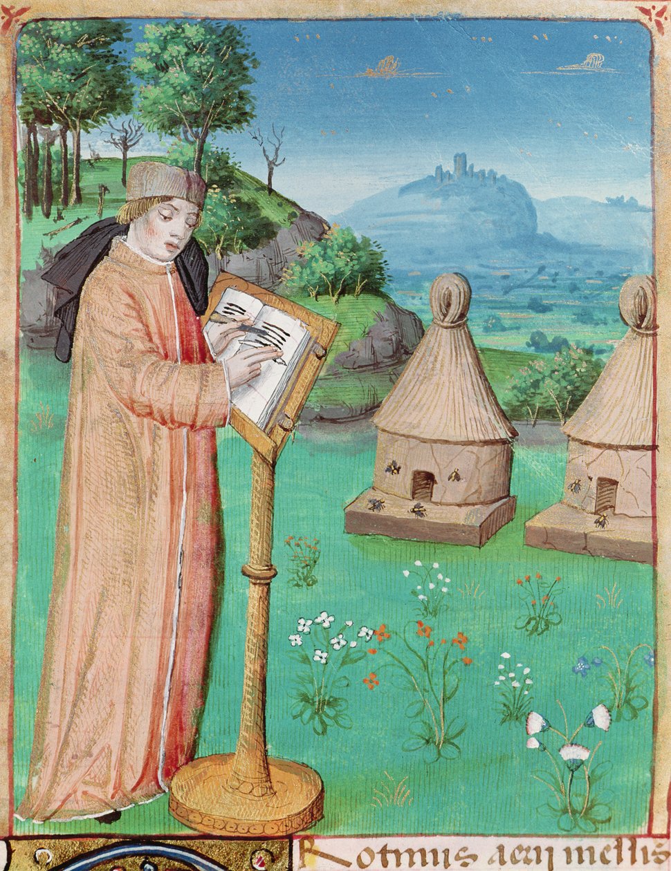 Vergilius schrijft het Leven van Bijen, uit De Georgica van Vergilius met een commentaar van Servius, 1469 door French School