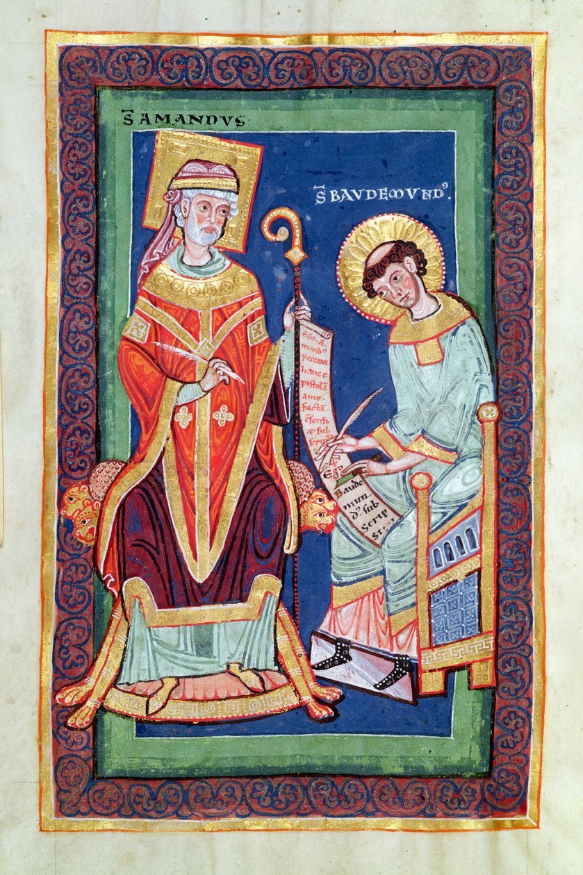 St. Amand geeft een rol terug aan St. Baudemond, uit het Leven en de Wonderen van St. Amand door St. Baudemond (c.1150-c.1199) door French School