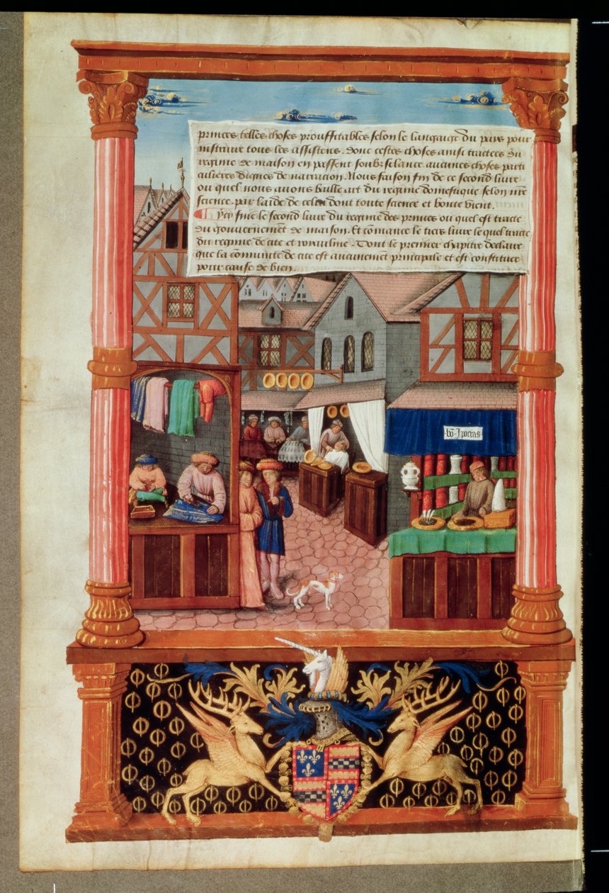 Een straat met winkels en het wapen van Robert Stuart, Marshall van d