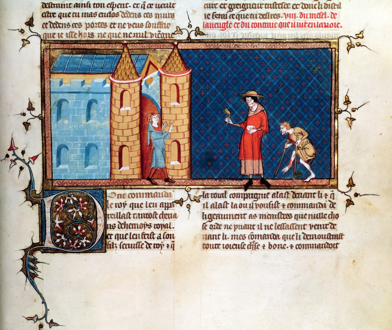 Ms 5080 fol.373r Twee melaatsen bedelend, uit Le Miroir Historial, door Vincent de Beauvais door French School