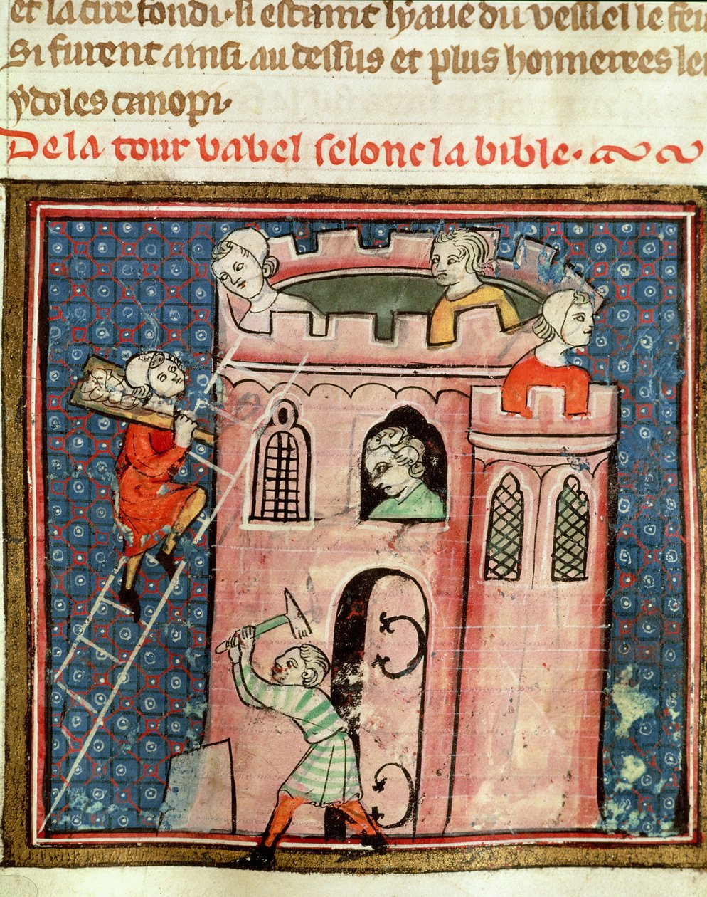 De bouw van de Toren van Babel, uit de Bijbel Historiale door Guiart des Moulins door French School