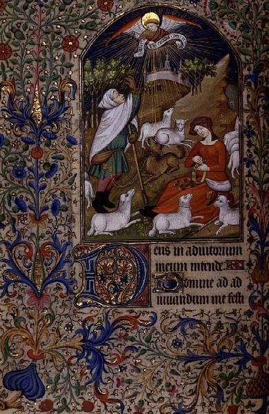 Engel verschijnt aan een herder, een vrouw maakt een krans, uit een Getijdenboek, ca. 1460 door French School