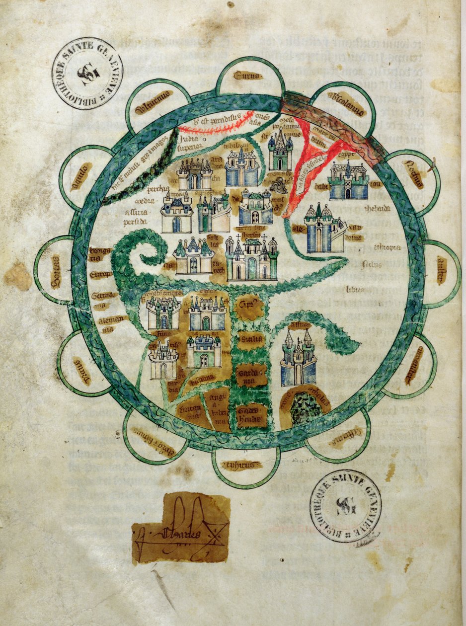 Kaart van de wereld in de vorm van een globe, miniatuur uit Grandes Chroniques de Philippe le Hardi door French School