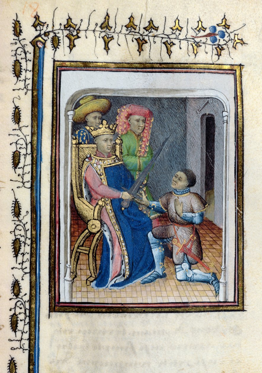 Charles V (1338-80) geeft het Zwaard van de Hoge Constable terug aan Bertrand du Guesclin (ca. 1320-80) uit de Histoire de Du Guesclin naar het gedicht van Cuvelier, begin 15e eeuw door French School