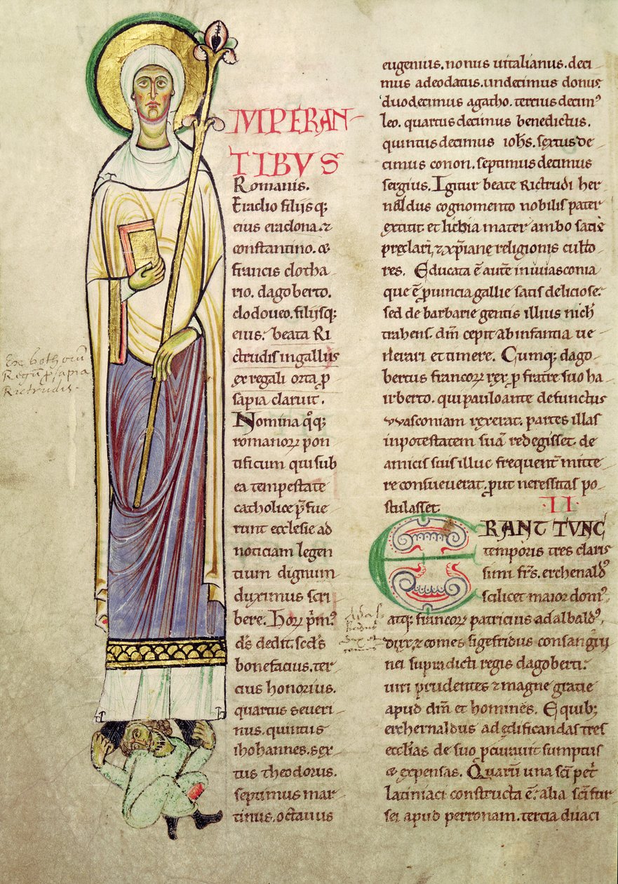 Geïllustreerde initiaal I met afbeelding van St. Richrudius, uit Recueil de Vie des Saints door French School