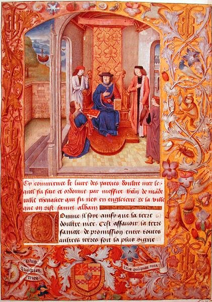 Ms 95 Fol.1 De auteur biedt zijn boek aan de hertog van Bourgondië aan, uit de Wapenkundige van Adolphe de Cleves, vroege 15e eeuw door French School