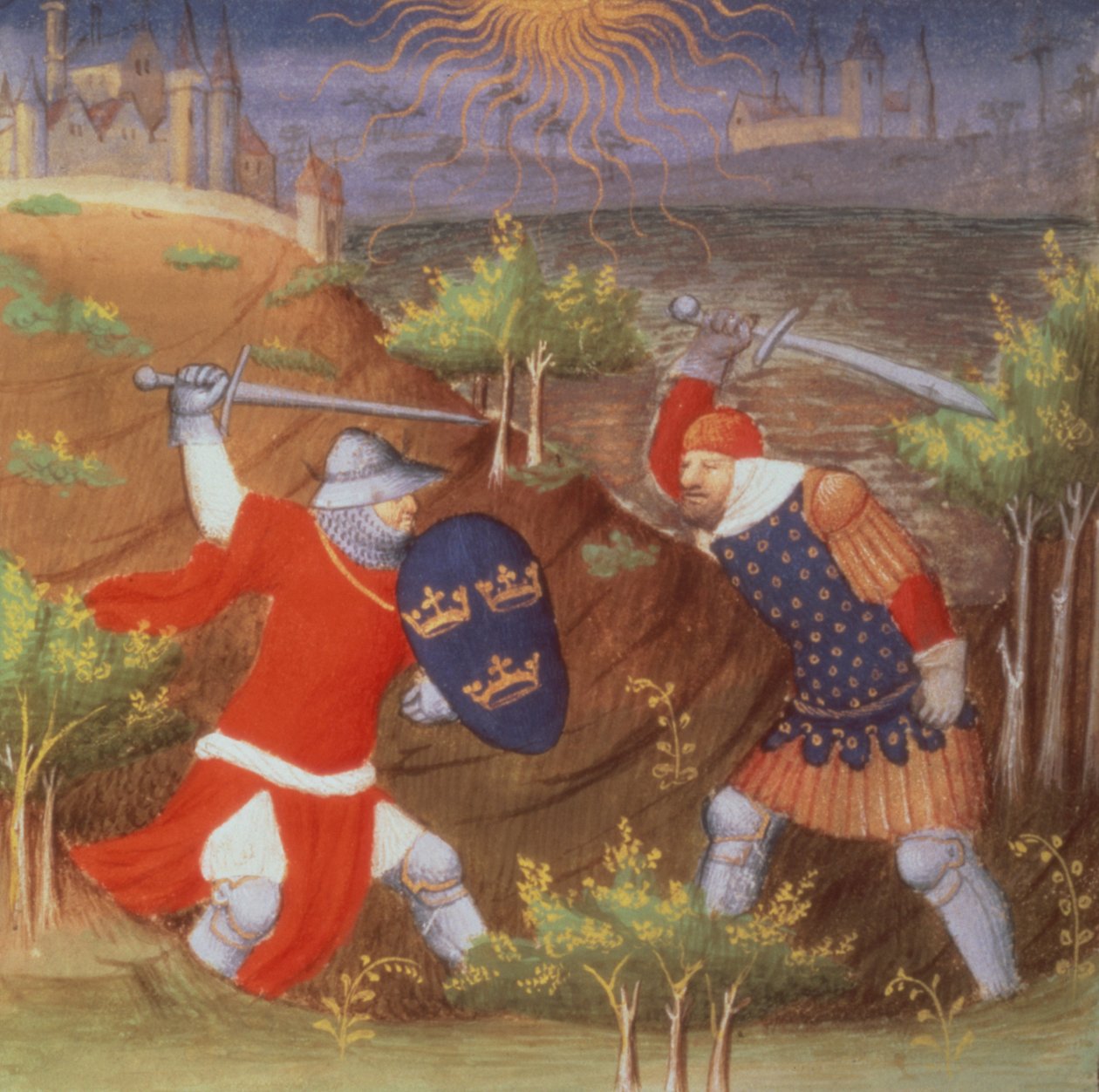 Koning Arthur vecht tegen een Romeinse generaal, uit een manuscript van Histories, door de Boucicaut Meester door French School