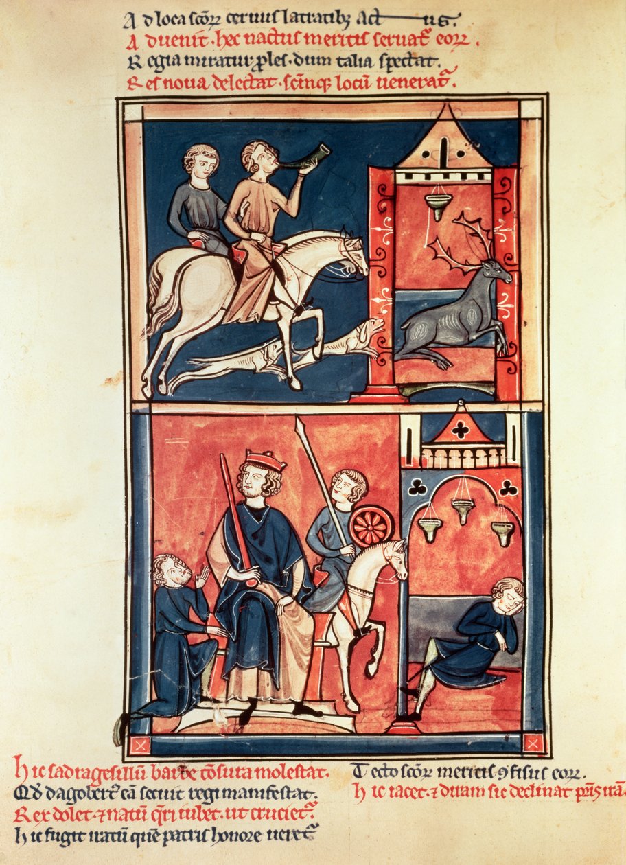 Een hertenjacht en een koning, mogelijk Dagobert I (632-39) op zijn troon, uit het Leven en Wonderen van St. Denis door French School