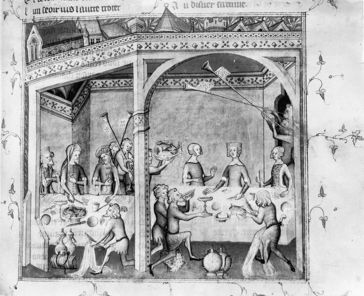 Muzikanten die vermaken op een banket, c.1370 door French School