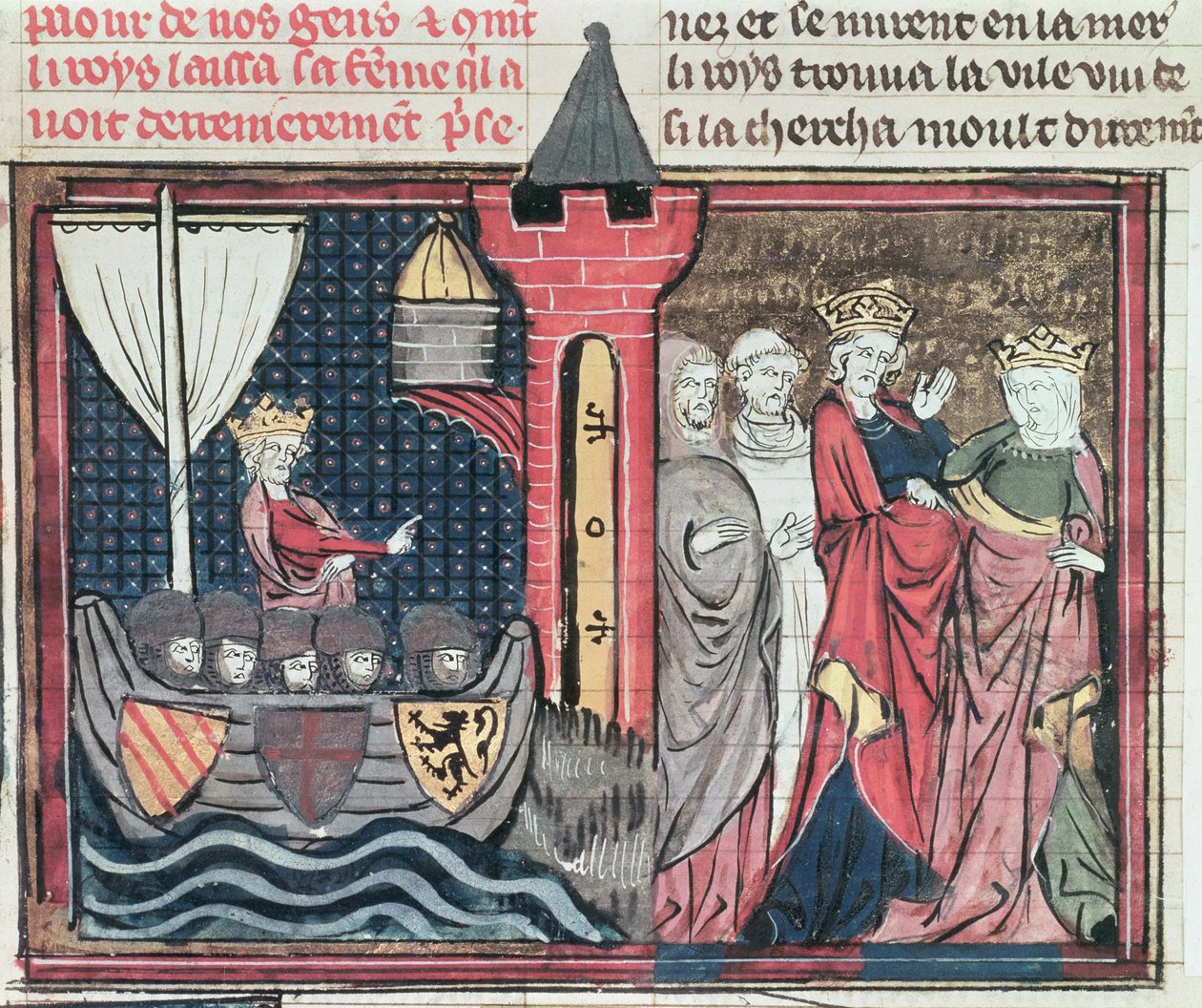 Ms Fr 22495 Fol.101 Boudewijn I steekt de rivier de Jordaan over en doet afstand van zijn vrouw, uit Le Roman de Godefroi de Bouillon, 1337 door French School