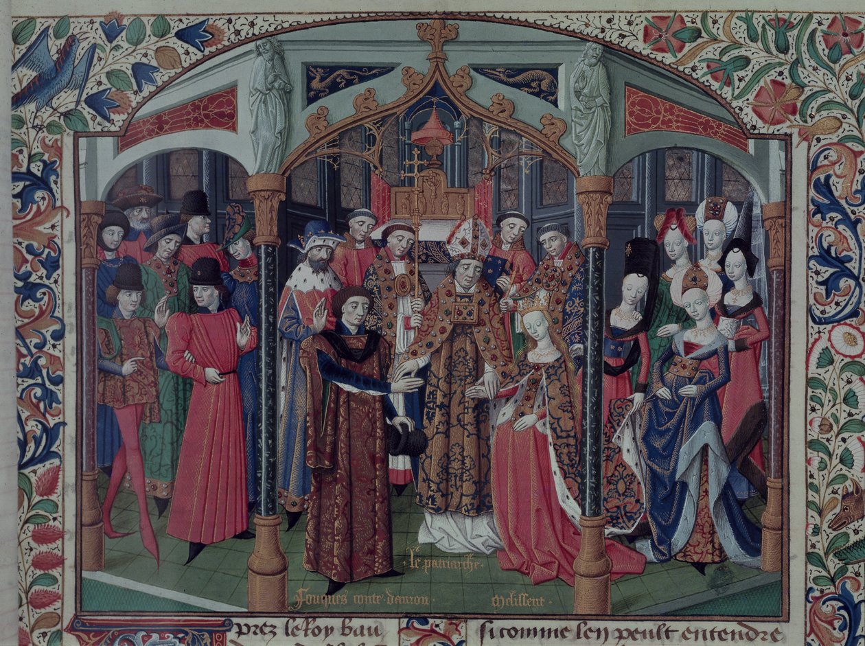 Ms Fr 2629 fol.167 Koningin Melisande van Jeruzalem (1109-60) trouwt met Fulco V van Anjou (1092-1143), uit de Histoire de la conquête de Jérusalem door Willem van Tyrus (ca.1130-85) ca.1470 door French School