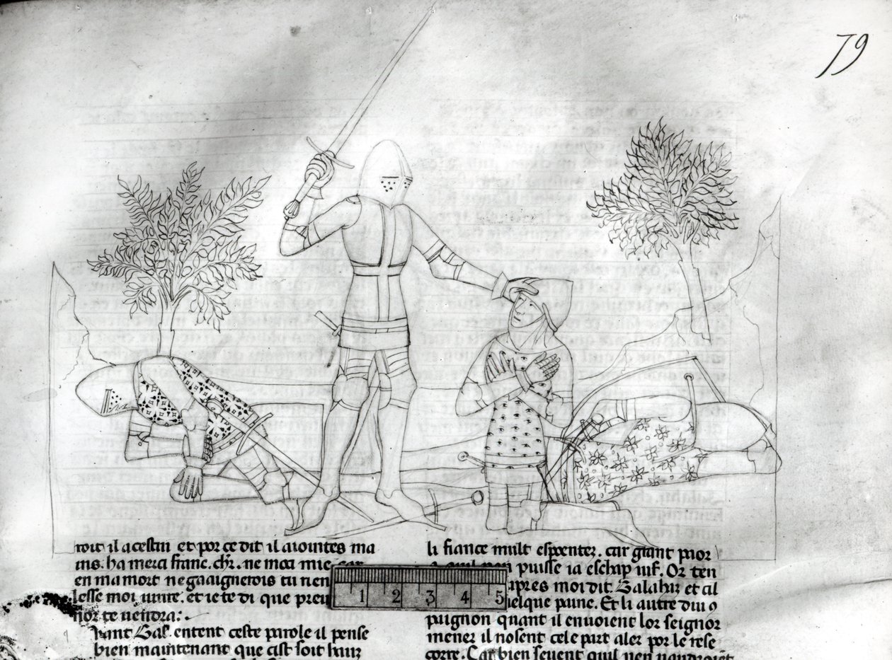 Ms Fr 343 f.79 Een ridder bewapenen op een slagveld, uit Lancelot du Lac door French School