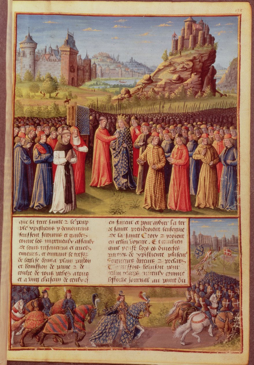 Ms Fr 5594 f.138 Sint Bernardus (ca. 1090-1153) van Clairvaux die de Tweede Kruistocht predikt in aanwezigheid van Koning Lodewijk VII (ca. 1120-80) van Frankrijk in Vezelay in 1146, uit Passages faits Outremer door French School