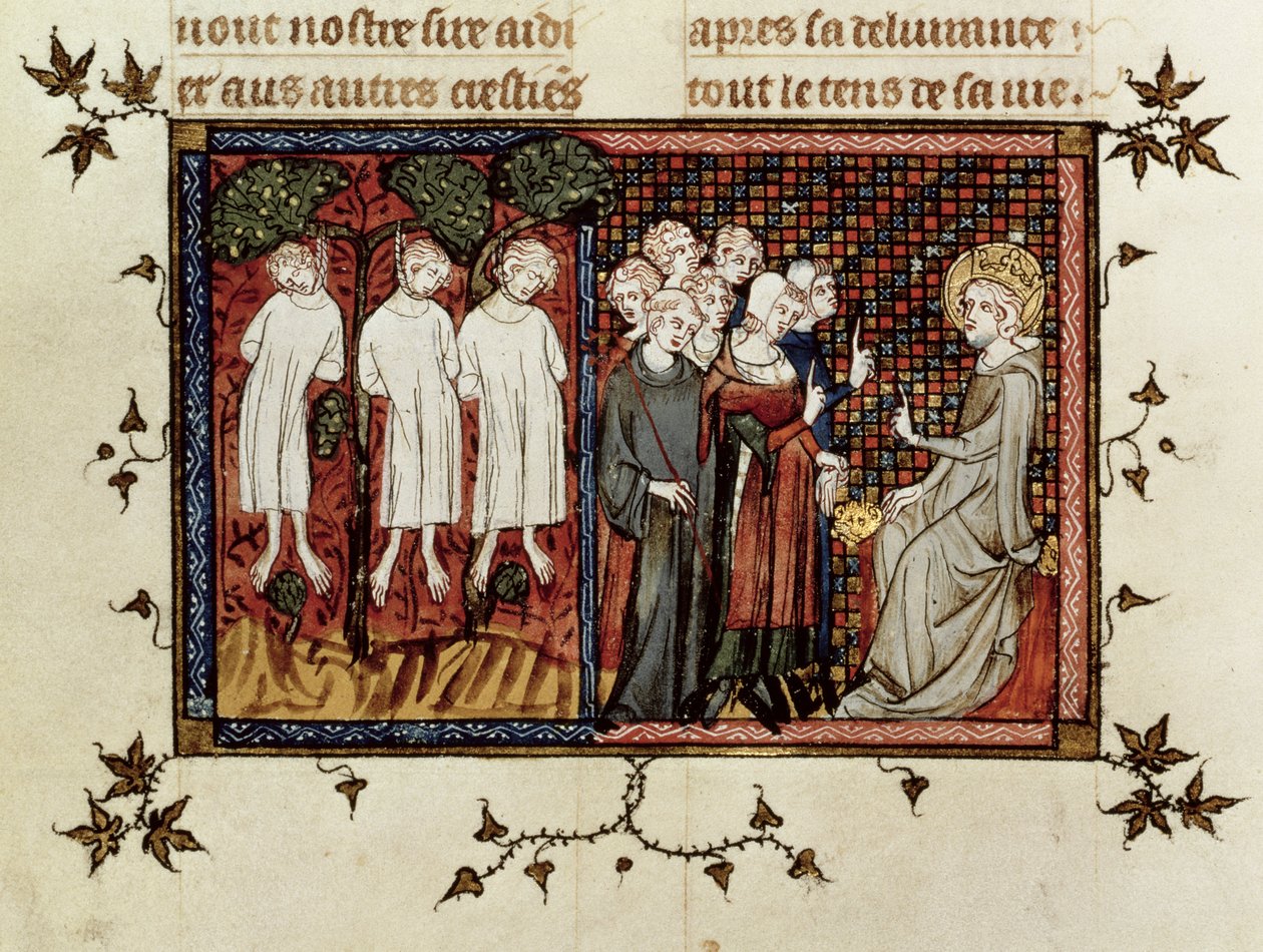 Ms Fr. 5716 fol.246 St. Louis spreekt recht en veroordeelt Enguerrand de Coucy (1228-1311) voor het ophangen van drie jonge edelen, uit Leven en Wonderen van St. Louis, c.1330-40 door French School