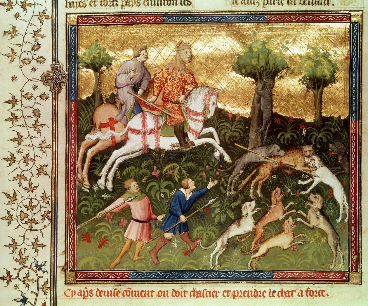 Honden die een luipaard aanvallen, uit een boek van Gaston Phebus de Foix (1331-91) door French School