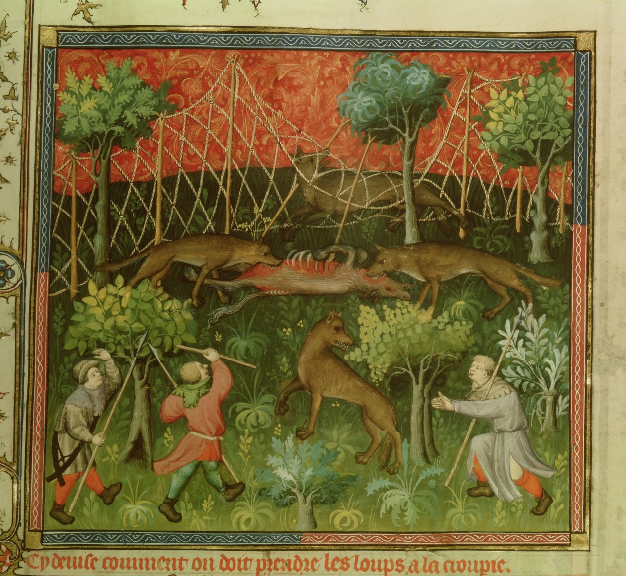 Ms Fr 616 fol.111 Wolvenjacht met behulp van netten, uit het Livre de la Chasse door Gaston Phebus de Foix (1331-91) door French School