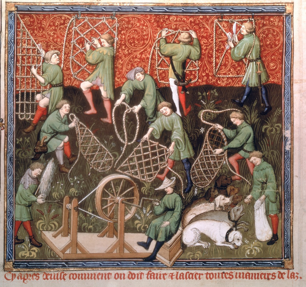 Mannen met netten, uit het Livre de la Chasse door Gaston Phebus de Foix (1331-91) begin 15e eeuw door French School