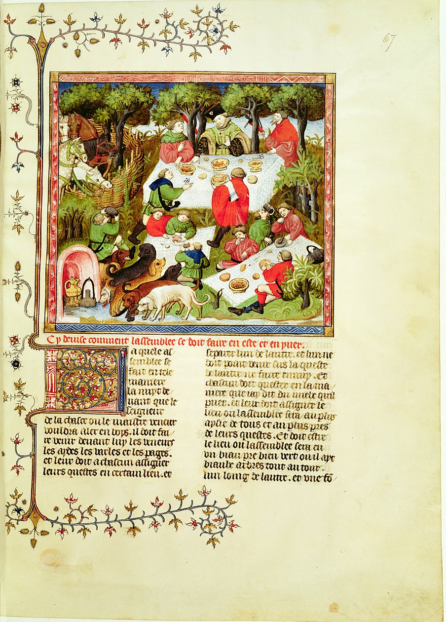 Jagers die feestvieren voor de hertenjacht, uit Livre de la Chasse door Gaston Phebus de Foix (1331-1391) door French School
