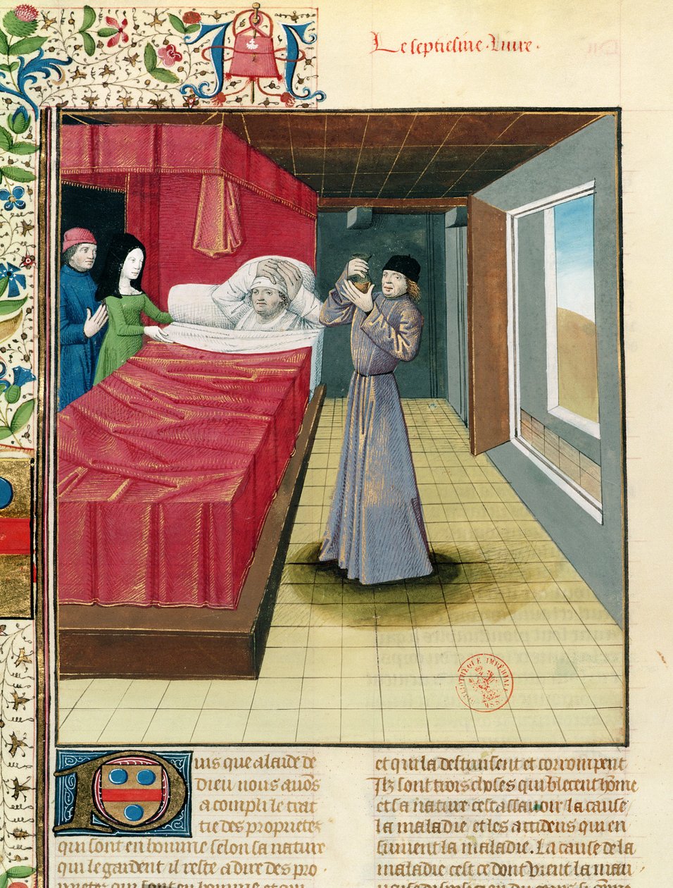 Een dokter die een urineanalyse uitvoert, uit Livre des Proprietes des Choses door Barthelemy l