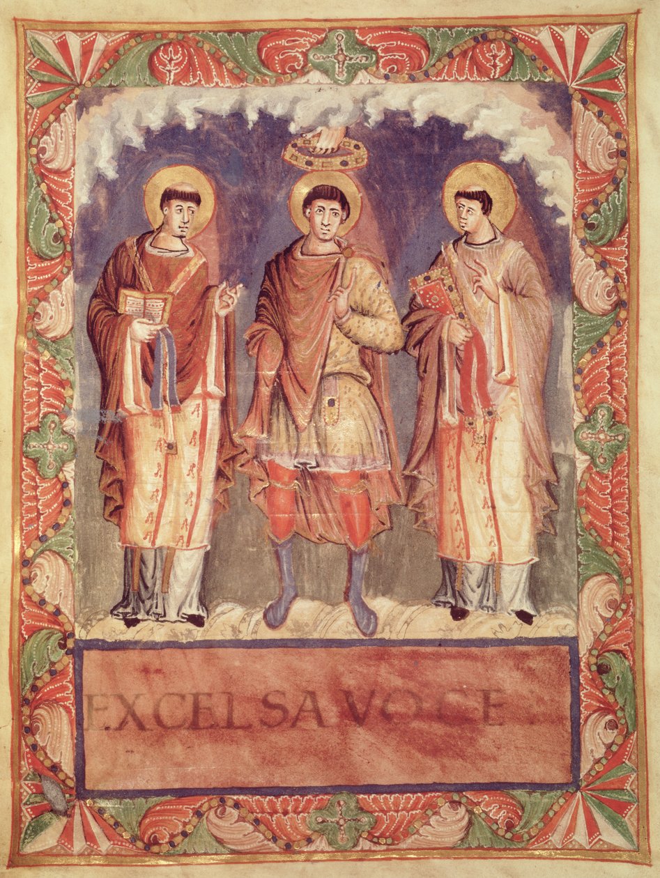 De kroning van Karel II (823-877) met de aartsbisschoppen van Reims en Trier, uit het Sacrementaire de Metz door French School