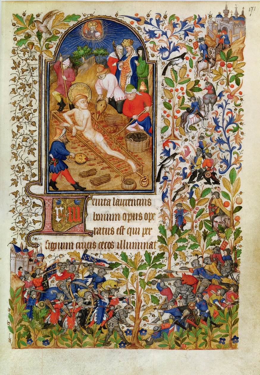 Ms Lat 1156b fol. 171 Het martelaarschap van Sint Laurentius, uit de Getijden van Marguerite d