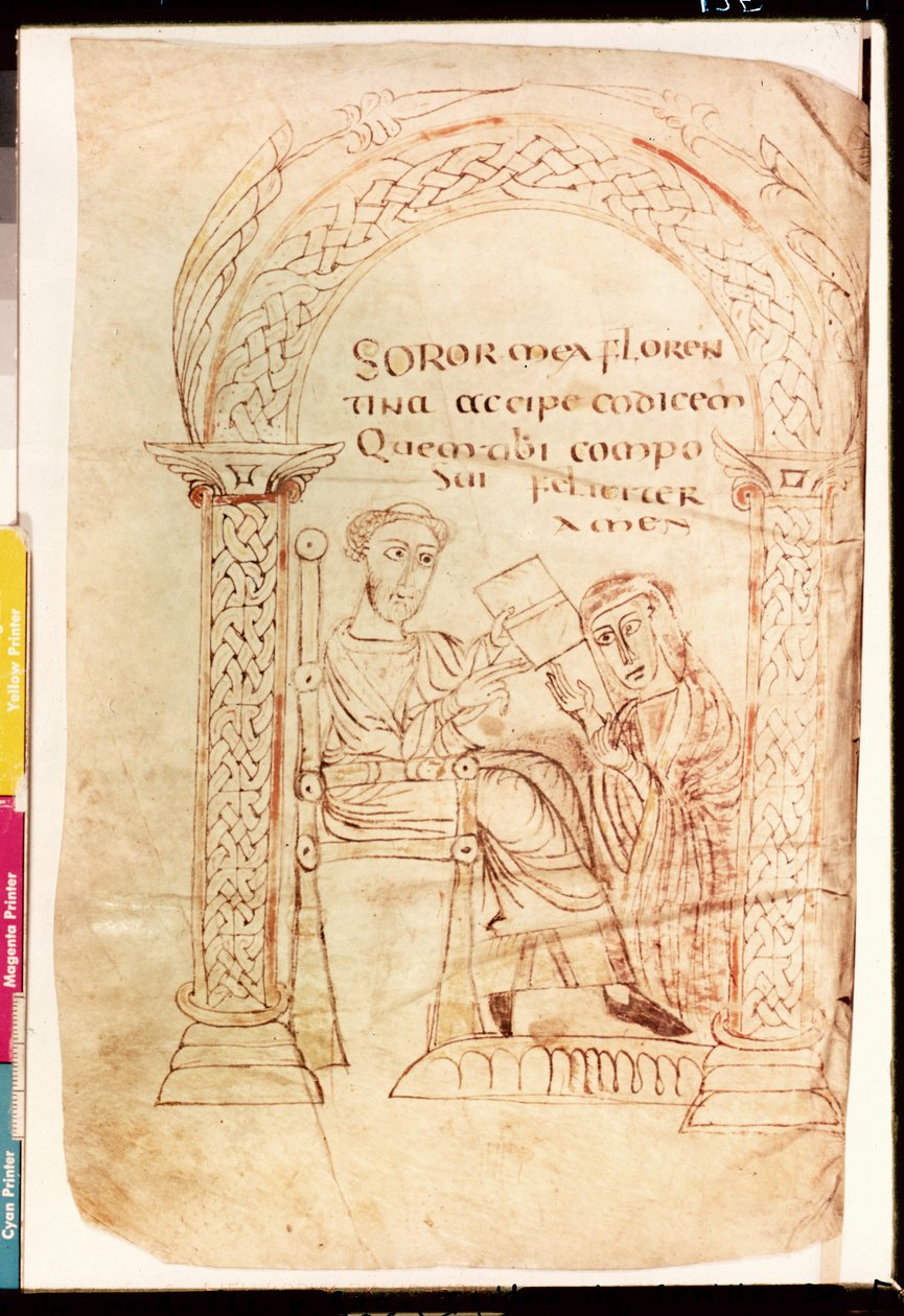Ms Lat 13396 Fol.1 Isidorus biedt zijn werk aan zijn zus Florentina aan, uit De fide catholica ex Veteri et Novo Testamento contra Judaeos door Isidorus van Sevilla (ca.560-636) ca.800 door French School