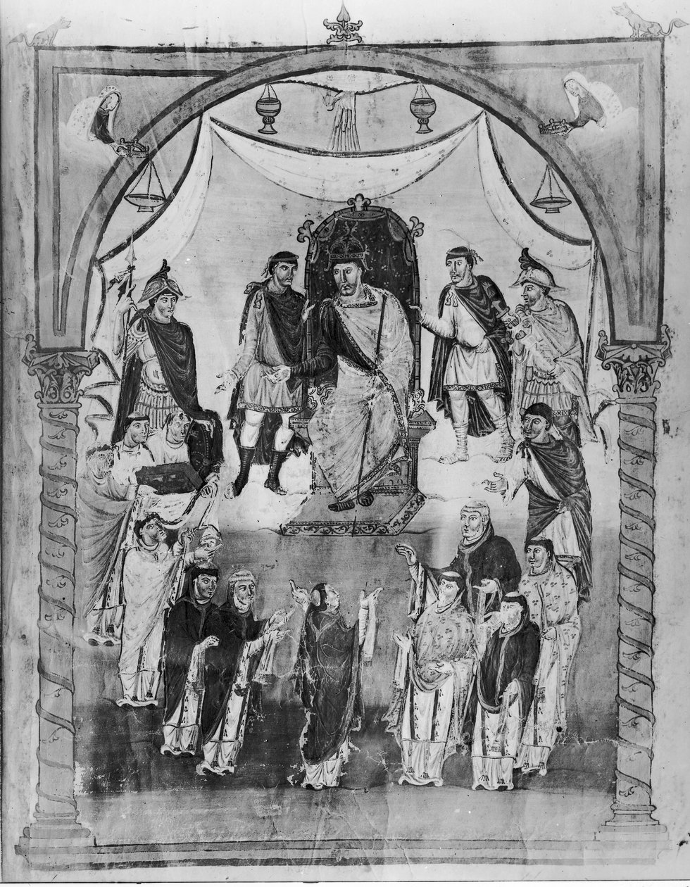 Koning Karel II (823-877) ontvangt een Bijbel van Graaf Vivian en de monniken van Saint-Martin de Tours, uit de Eerste Bijbel van Karel de Kale, ca.843-51 door French School