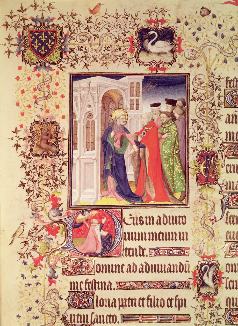 Jean de France, Hertog van Berry wordt door St. Peter naar de Hemelpoort geleid met een gehistorieerde initiaal `D van St. Peter en Jean de Berry in gebed, uit de Grandes Heures de Duc de door French School