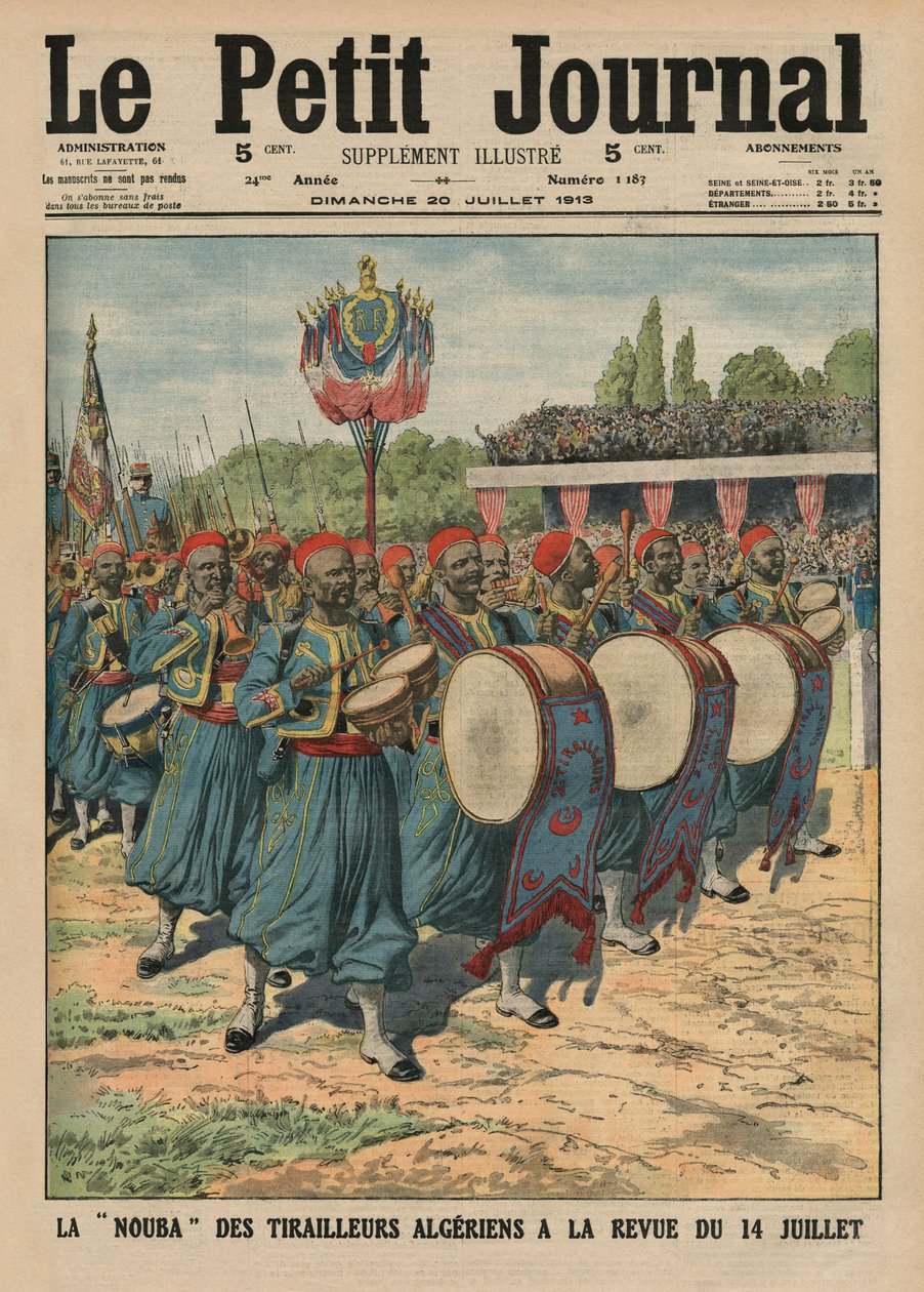 Muzikale sectie van de Algerijnse infanteristen die paraderen bij de parade van 14 juli, voorpagina illustratie uit 