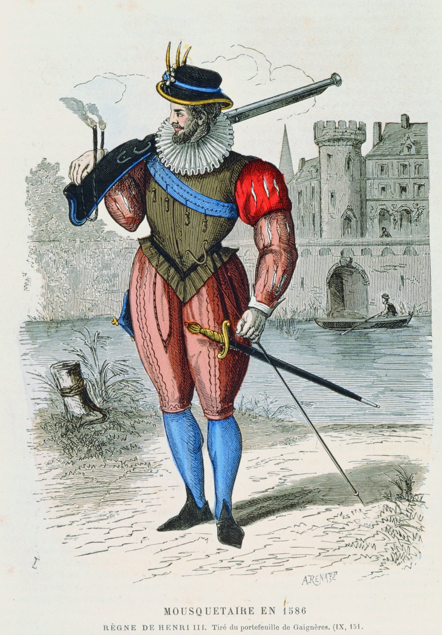 Musketeer in 1586, illustratie uit Costumes de Paris a travers les siecles door H. Gourdon de Genouillac, gegraveerd door A. Renard door French School